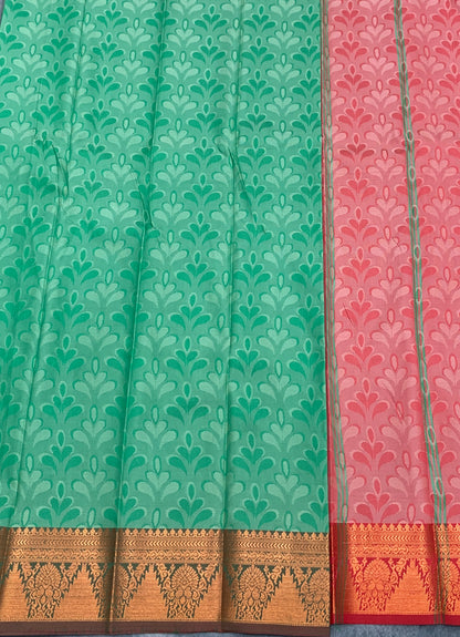 Poly Cotton Saree Parrot Green Colour with Copper Zari Border