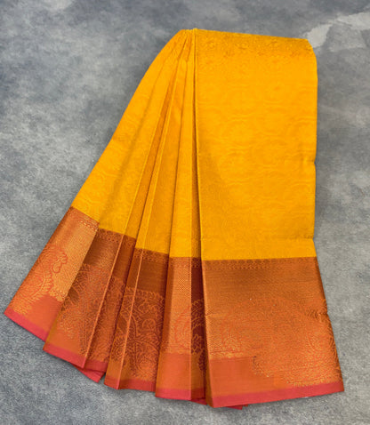 Poly Cotton Saree Yellow Colour with Copper Zari Border