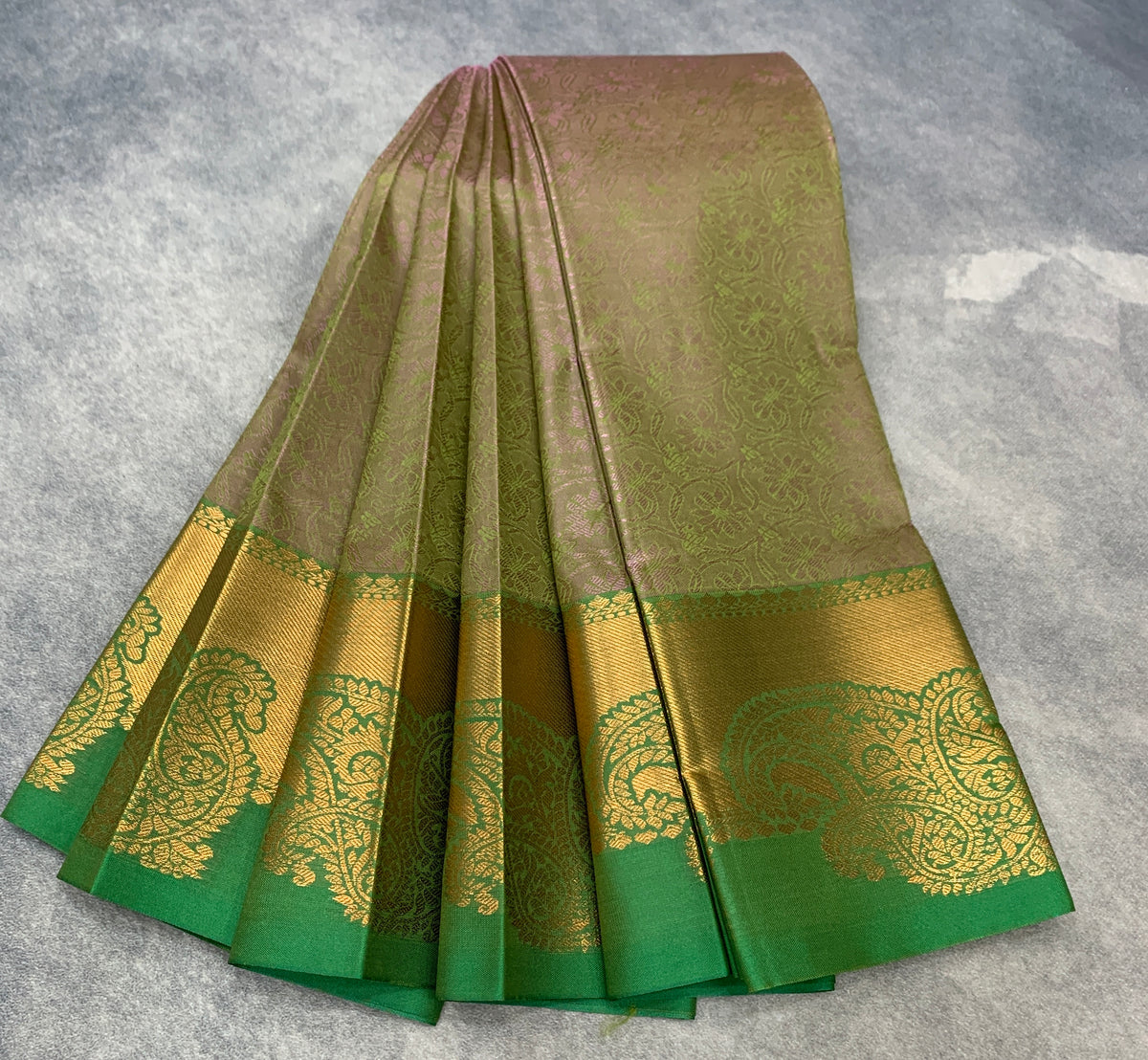 Poly Cotton Saree Olive Green Colour with Copper Zari Border