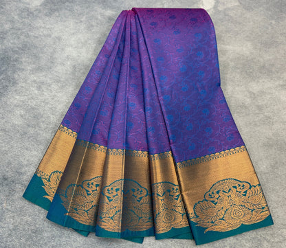 Poly Cotton Saree Blue Colour with Copper Zari Border