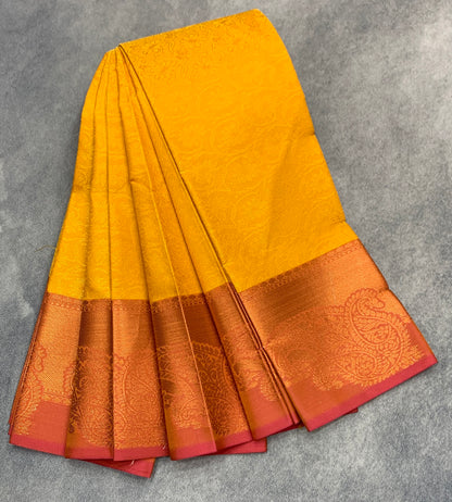 Poly Cotton Saree Yellow Colour with Copper Zari Border