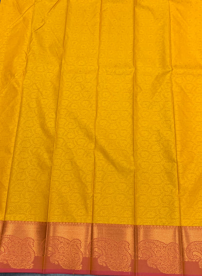 Poly Cotton Saree Yellow Colour with Copper Zari Border