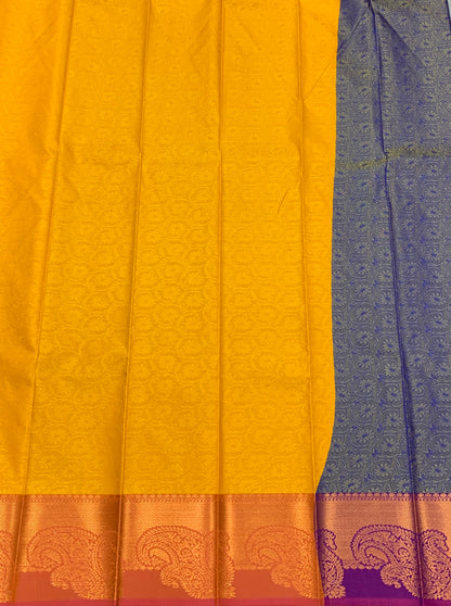 Poly Cotton Saree Yellow Colour with Copper Zari Border
