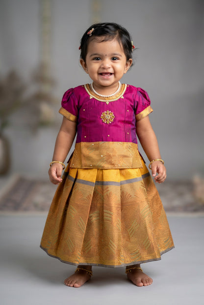 Ready To Wear Yellow Pavadai with Contrast Magenta Blouse - 6 months Baby