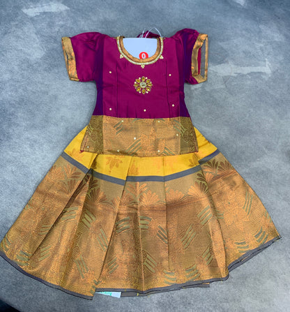 Ready To Wear Yellow Pavadai with Contrast Magenta Blouse - 6 months Baby