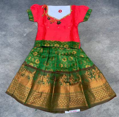 Ready To Wear Pavadai Light Green with Contrast Tomato Pink Blouse - 6 months Baby