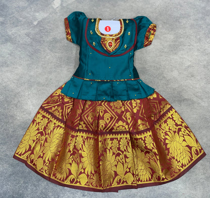 Ready To Wear Maroon Colour Pavadai with Contrast Rama Green Colour Blouse