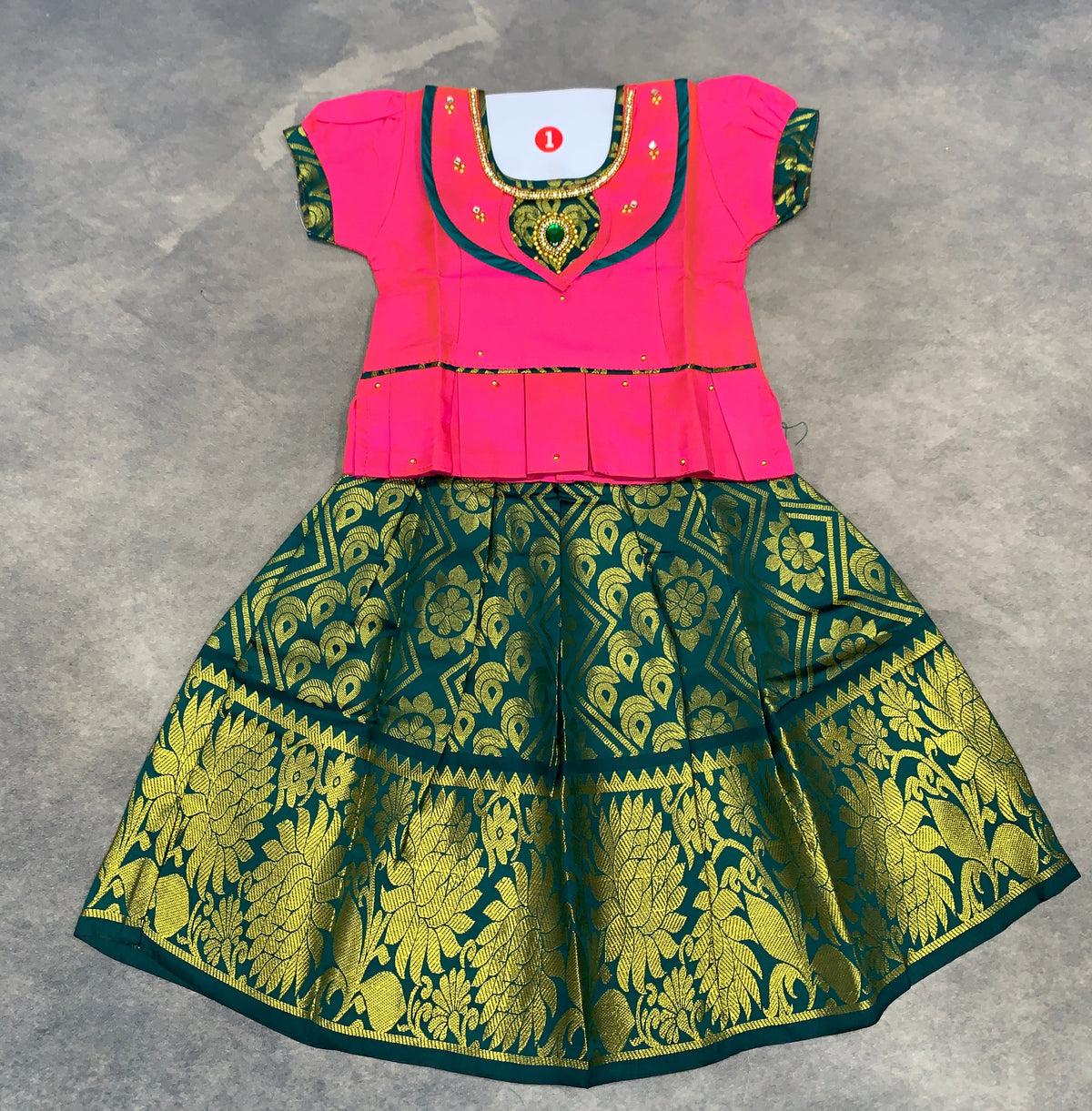 Ready To Wear Green Colour Pavadai with Rani Pink Color Contrast Blouse