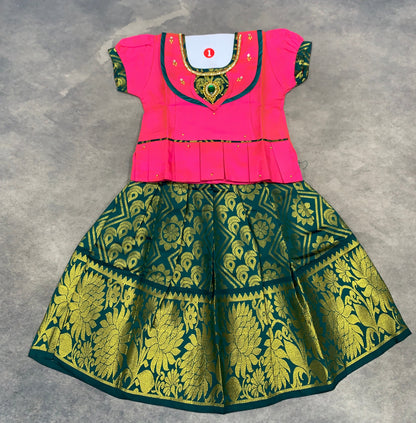 Ready To Wear Green Colour Pavadai with Rani Pink Color Contrast Blouse