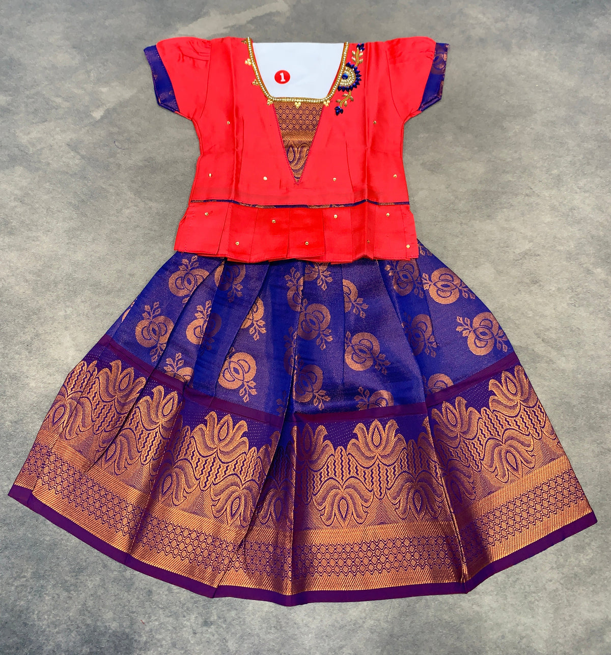 Ready To Wear Blue Colour Pavadai with Tomato Pink Contrast Blouse