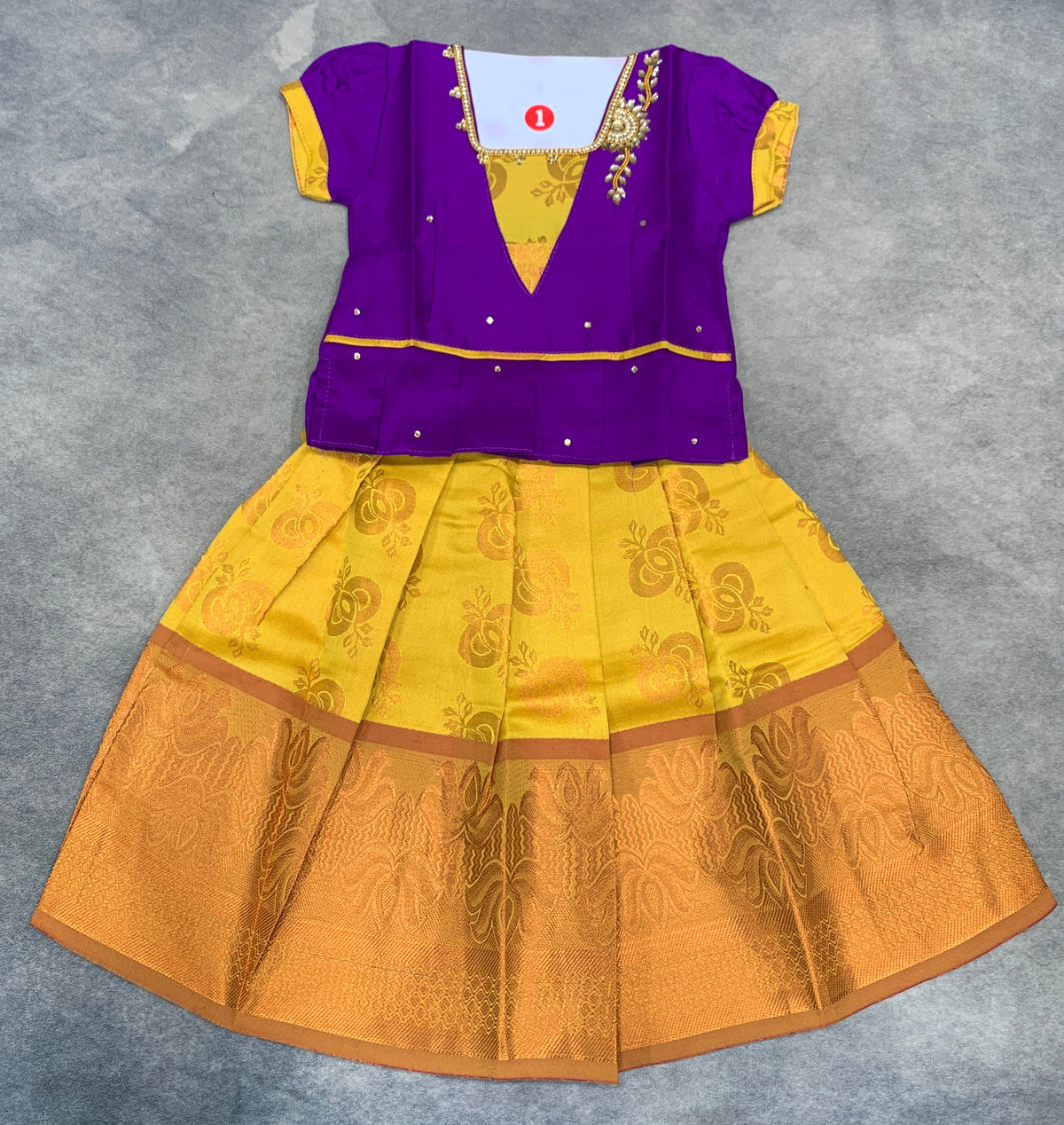 Ready To Wear Yellow Colour Pavadai with Purple Color Contrast Blouse