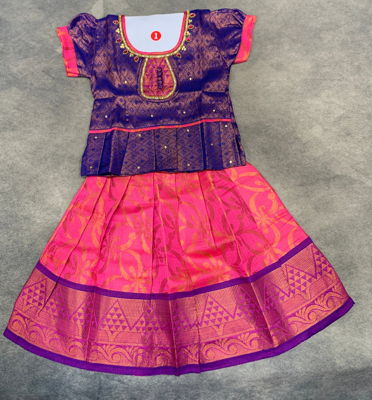 Ready To Wear Baby Pink Colour Pavadai with Violet Color Contrast Blouse