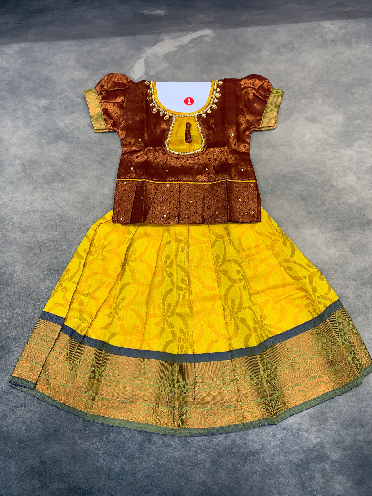 Ready To Wear Yellow Colour Pavadai with Maroon Color Contrast Blouse