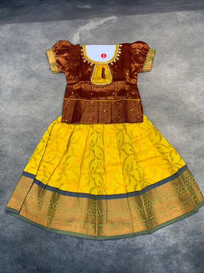 Ready To Wear Yellow Colour Pavadai with Maroon Color Contrast Blouse