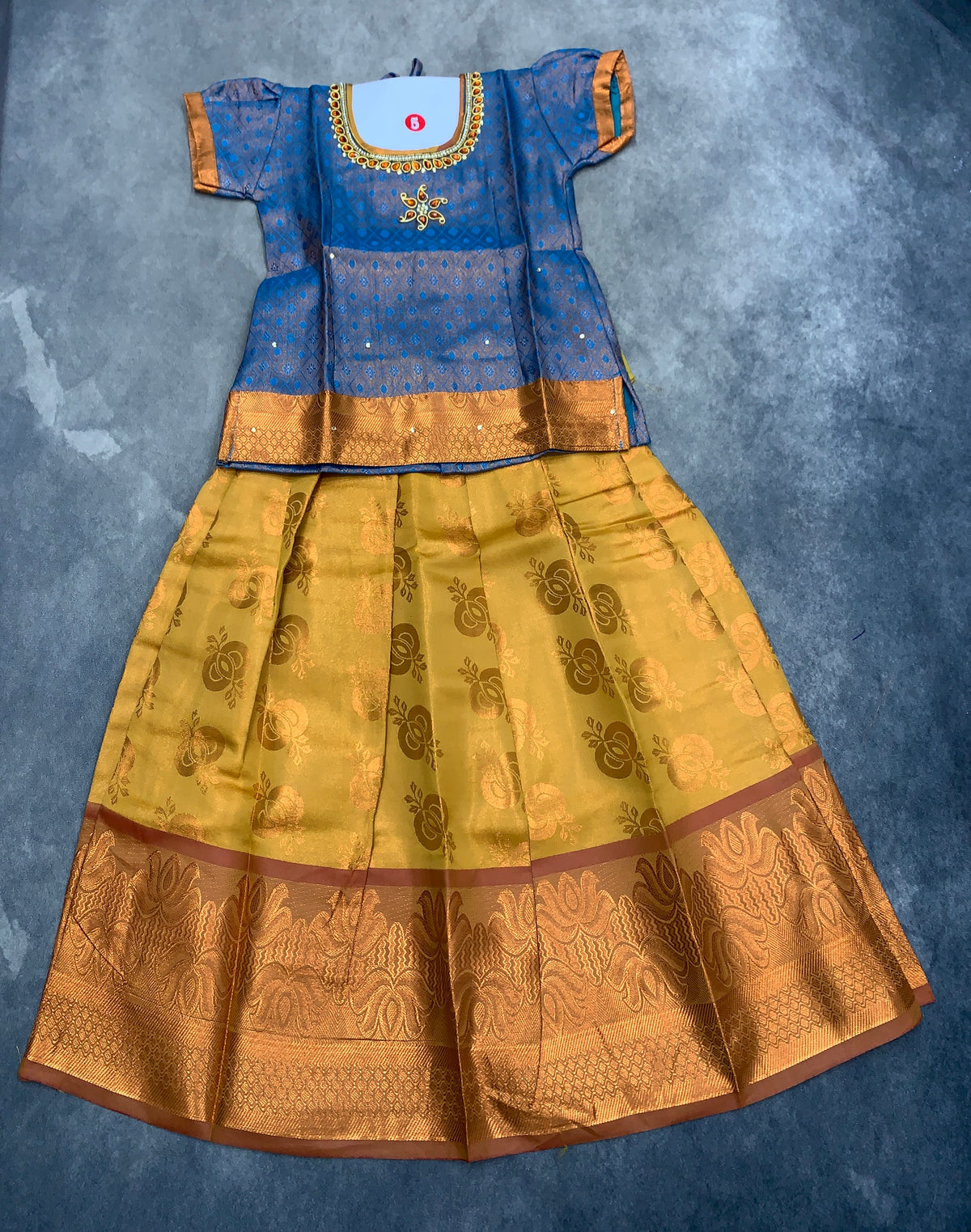 Ready To Wear Golden Mustard Pavadai with Contrast Sky Blue Blouse