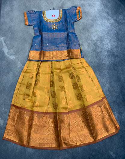 Ready To Wear Golden Mustard Pavadai with Contrast Sky Blue Blouse
