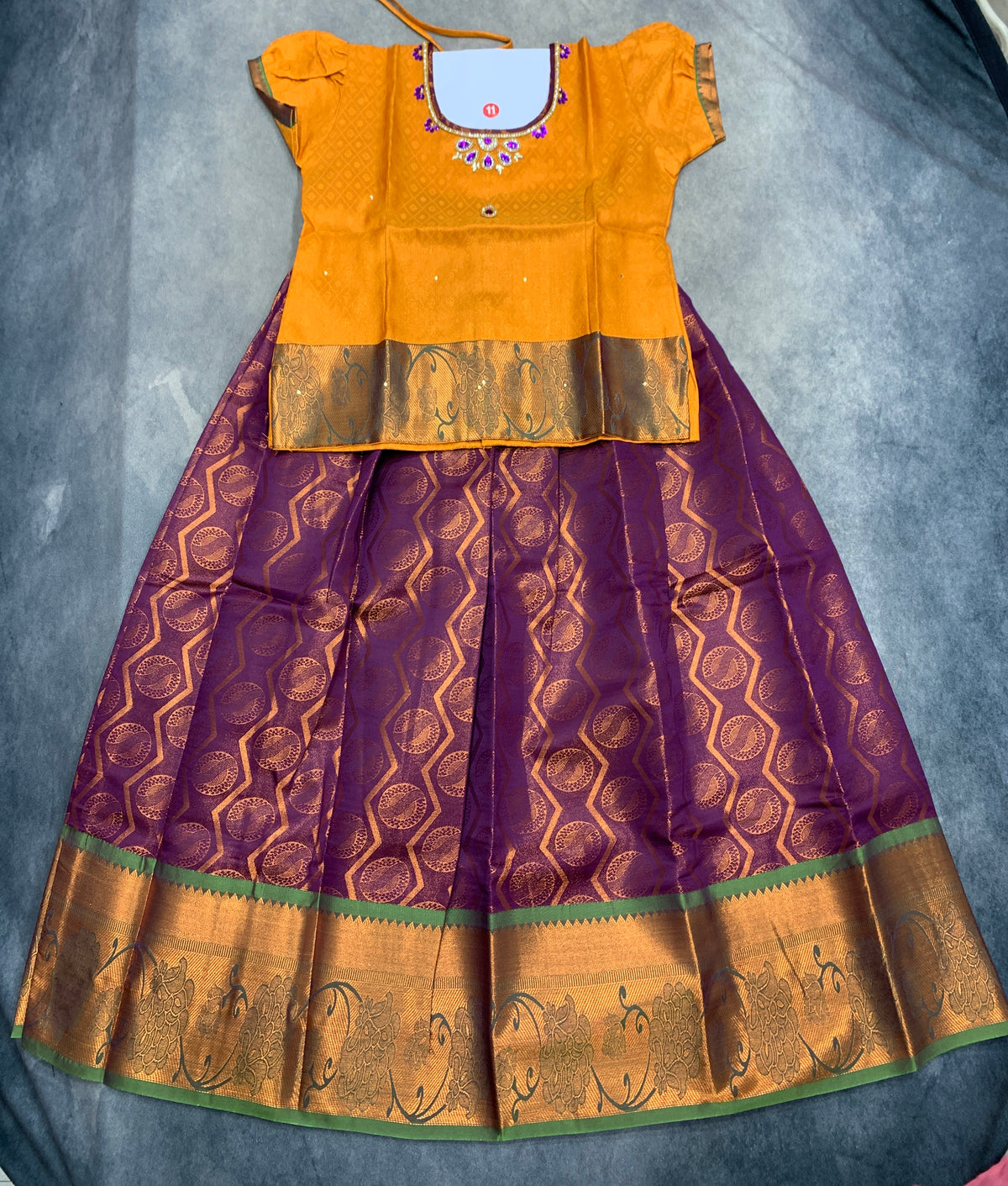 Ready To Wear Purple Pavadai with Contrast Golden Mustard Blouse