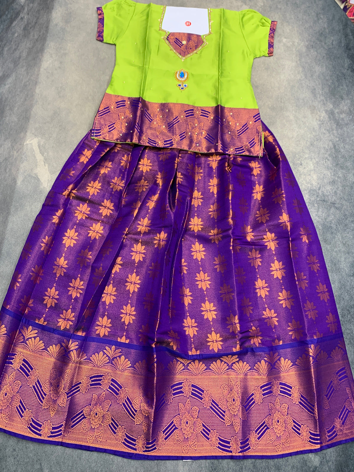 Ready To Wear Violet Pavadai with Contrast Apple Green Blouse