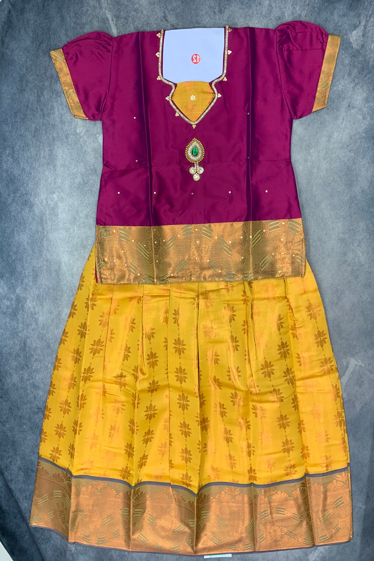 Ready To Wear Yellow Pavadai with Contrast Magenta Blouse