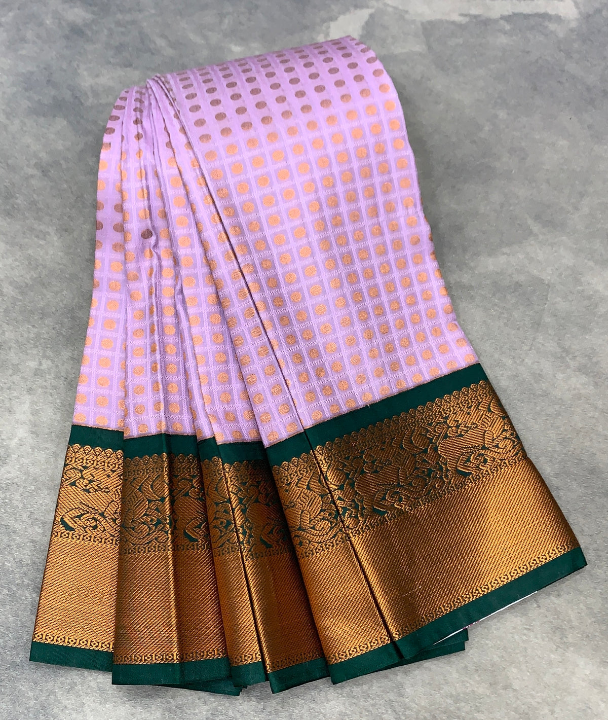 Soft Silk Casual Saree Lavender Colour with Green and Copper Zari Border