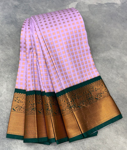 Soft Silk Casual Saree Lavender Colour with Green and Copper Zari Border