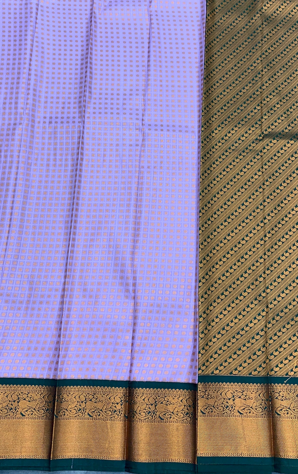 Soft Silk Casual Saree Lavender Colour with Green and Copper Zari Border
