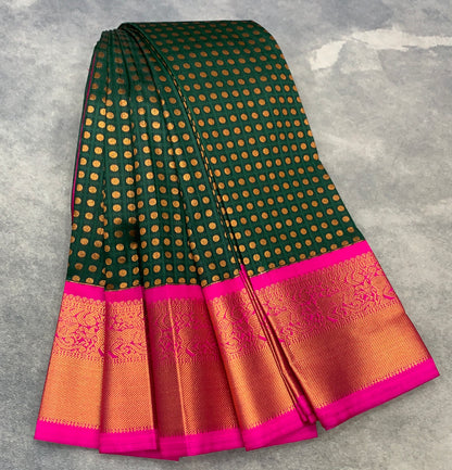 Soft Silk Casual Saree Green Colour with Pink and Copper Zari Border
