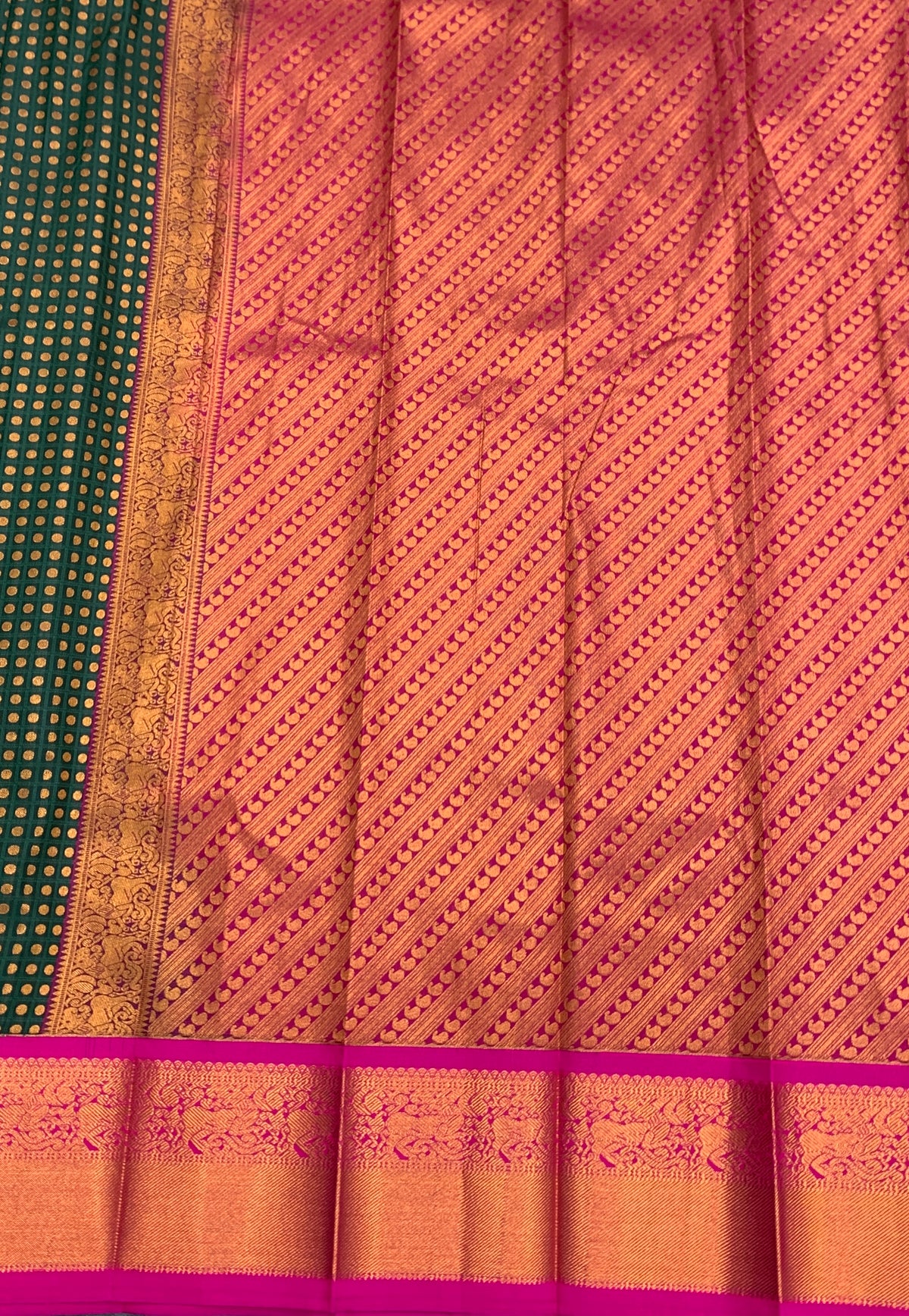 Soft Silk Casual Saree Green Colour with Pink and Copper Zari Border