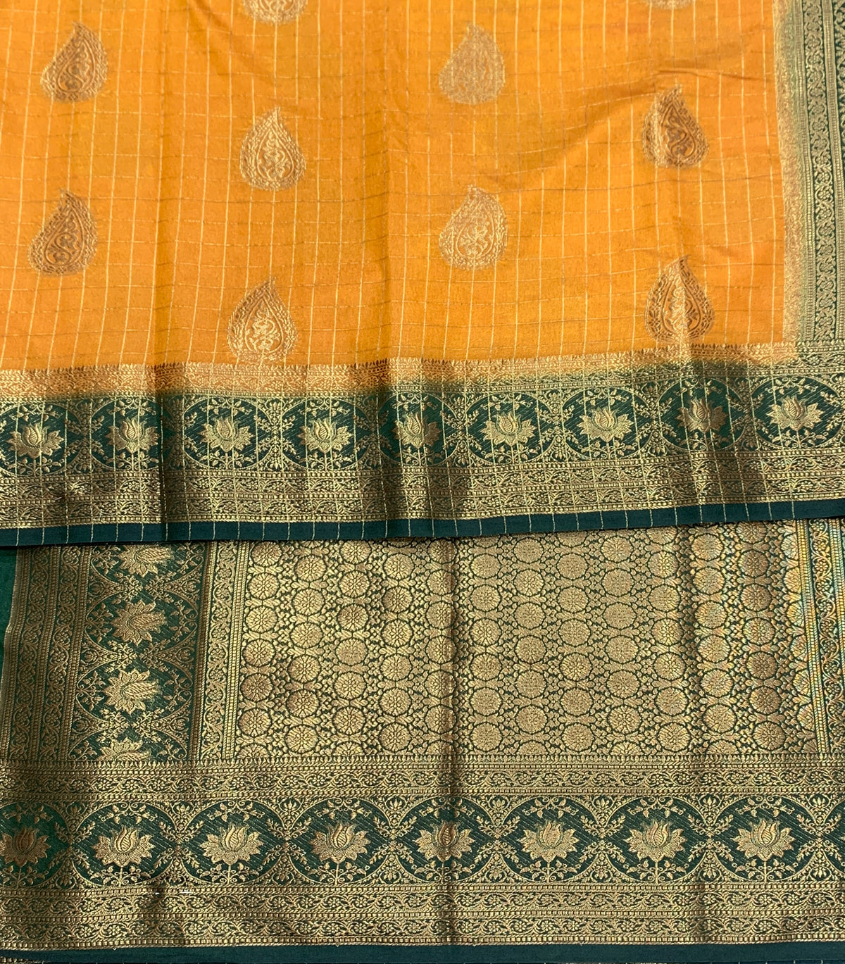 Georgette Saree Mustard Colour with Green Colour Borde