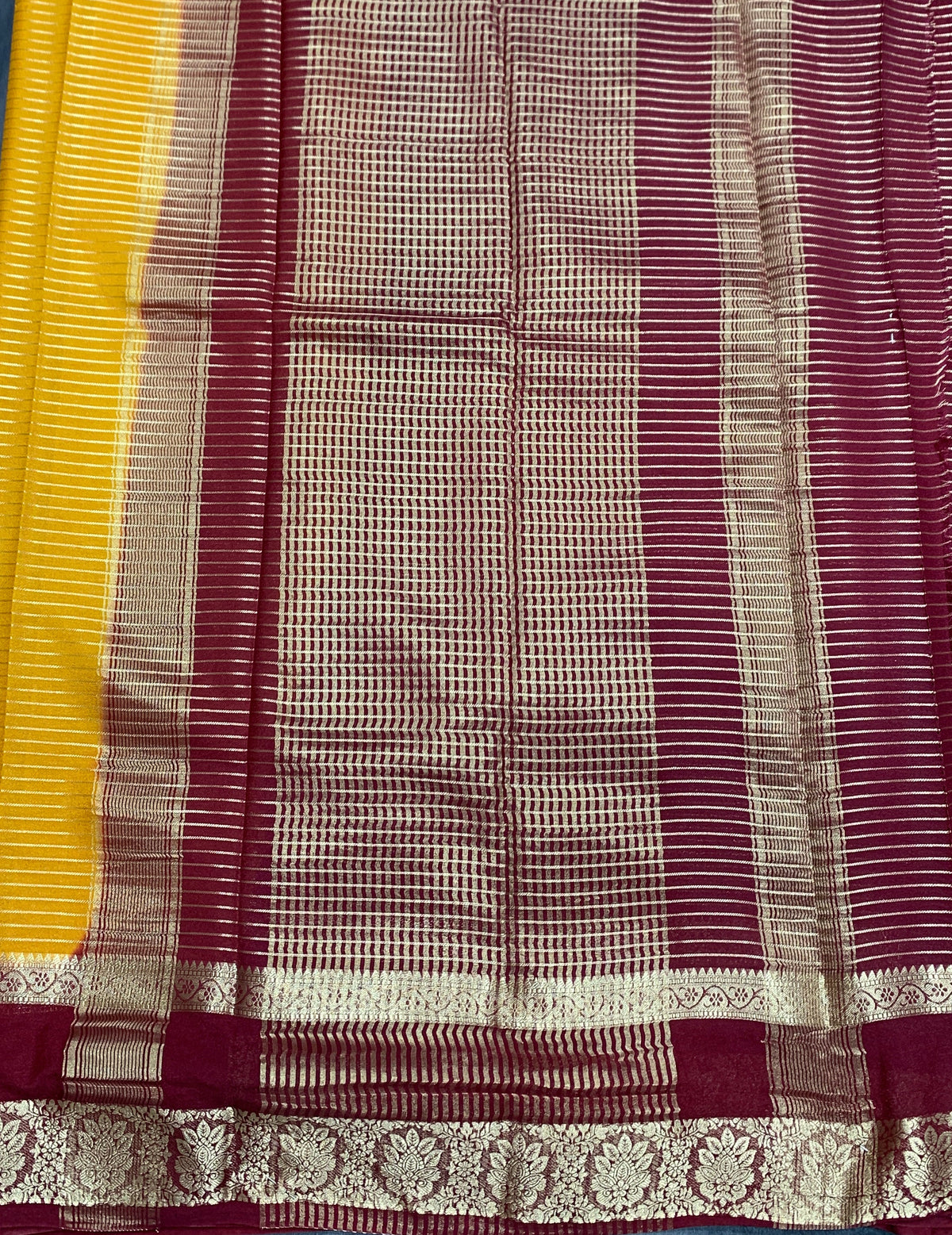 Crepe Silk Saree Golden Mustard Colour with Brown Colour Rettai Pettu Border