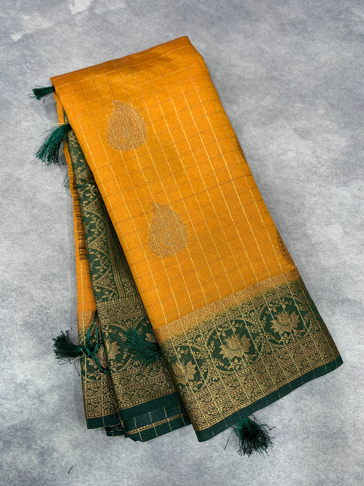 Georgette Saree Mustard Colour with Green Colour Borde