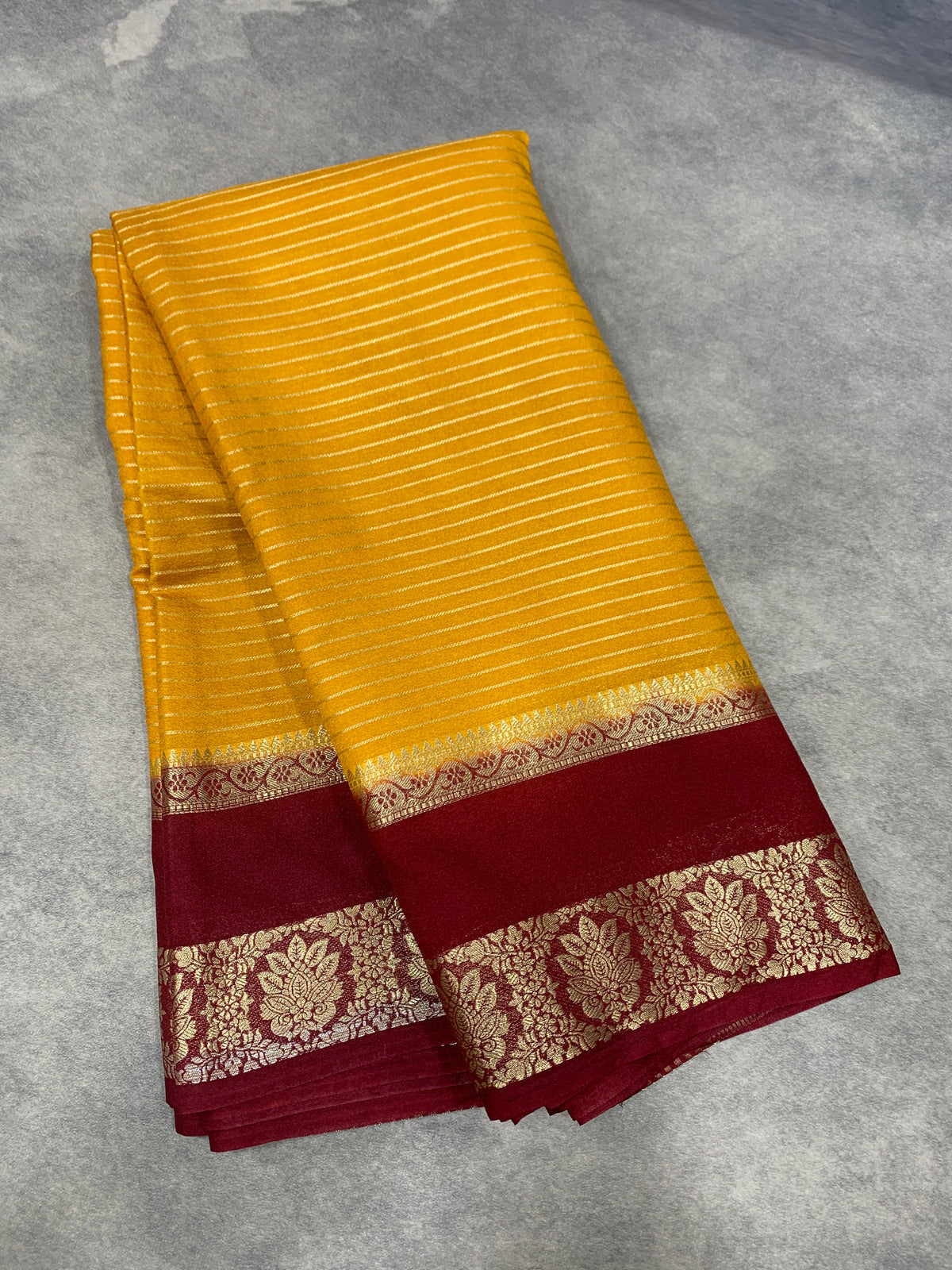 Crepe Silk Saree Golden Mustard Colour with Brown Colour Rettai Pettu Border