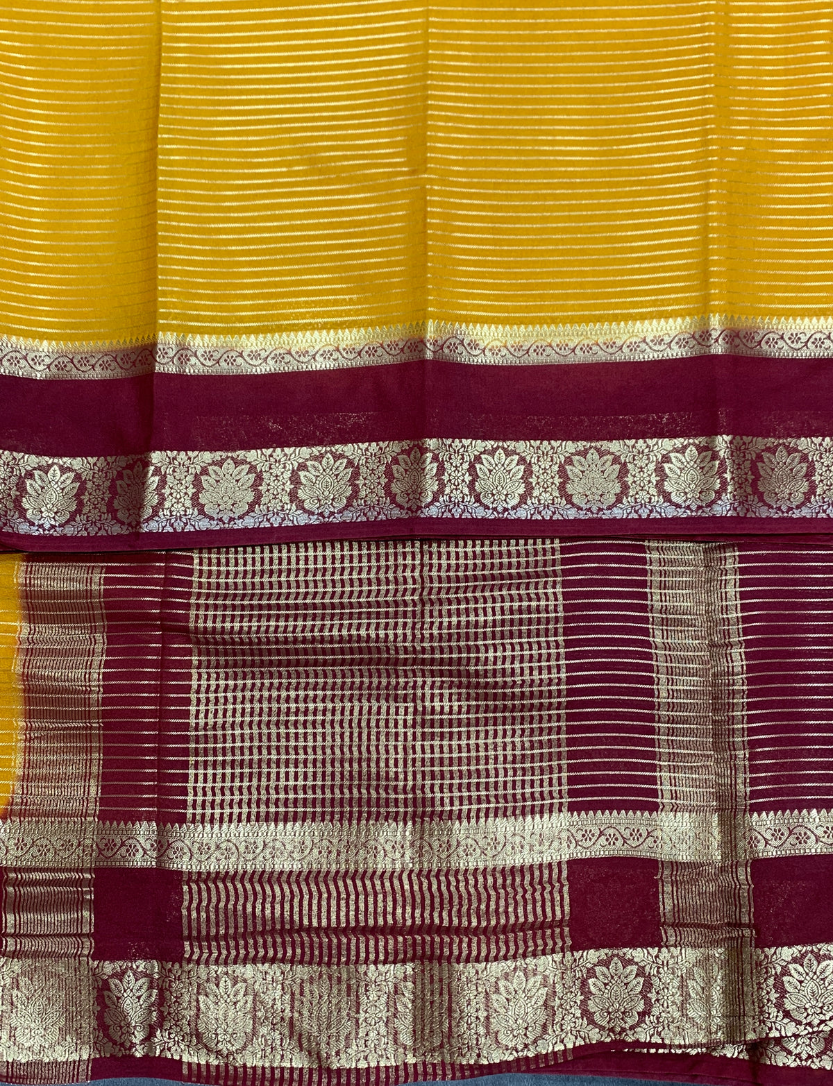 Crepe Silk Saree Golden Mustard Colour with Brown Colour Rettai Pettu Border