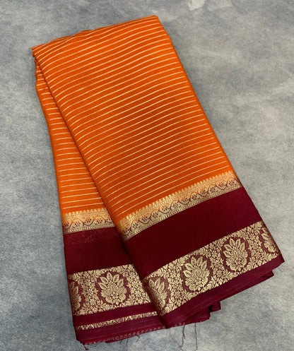 Crepe Silk Saree Russet Orange Colour with Brown Colour Rettai Pettu Border