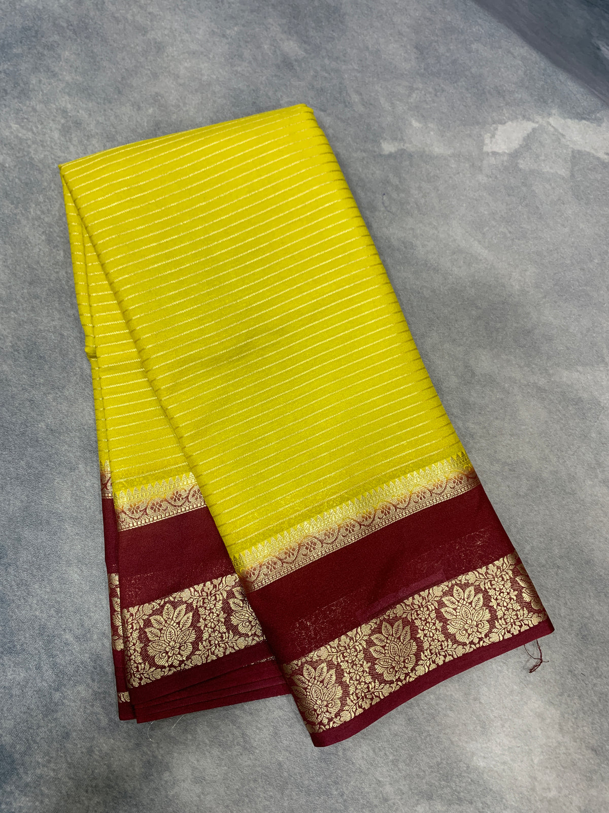 Crepe Silk Saree Lime Yellow Colour with Brown Colour Rettai Pettu Border