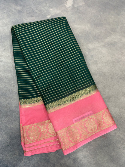 Crepe Silk Saree Green Colour with Baby Pink Colour Rettai Pettu Border