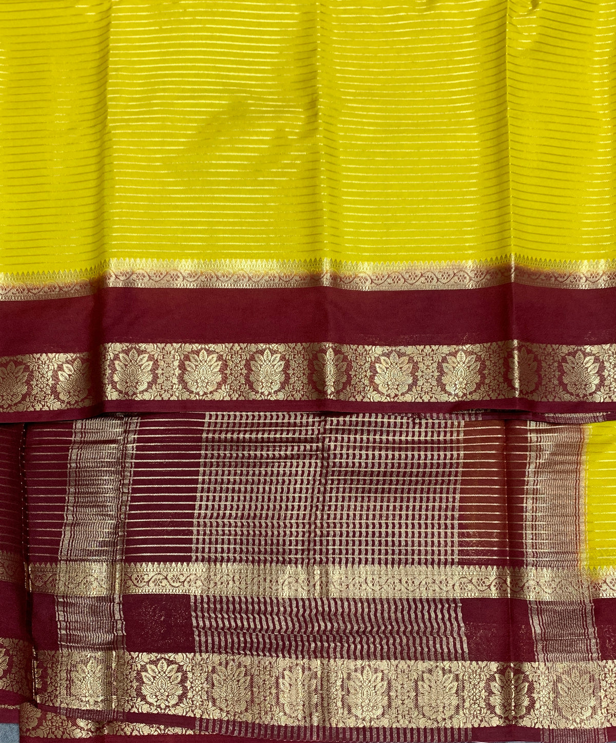 Crepe Silk Saree Lime Yellow Colour with Brown Colour Rettai Pettu Border