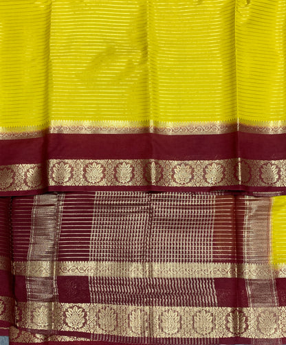 Crepe Silk Saree Lime Yellow Colour with Brown Colour Rettai Pettu Border