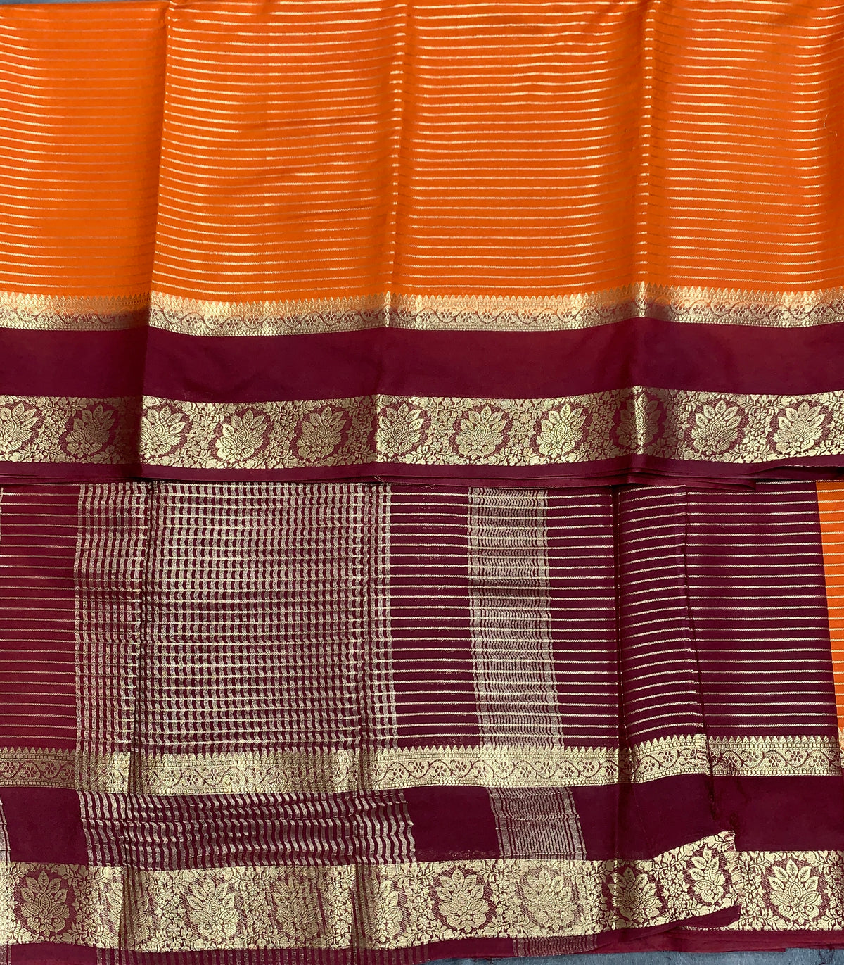Crepe Silk Saree Russet Orange Colour with Brown Colour Rettai Pettu Border