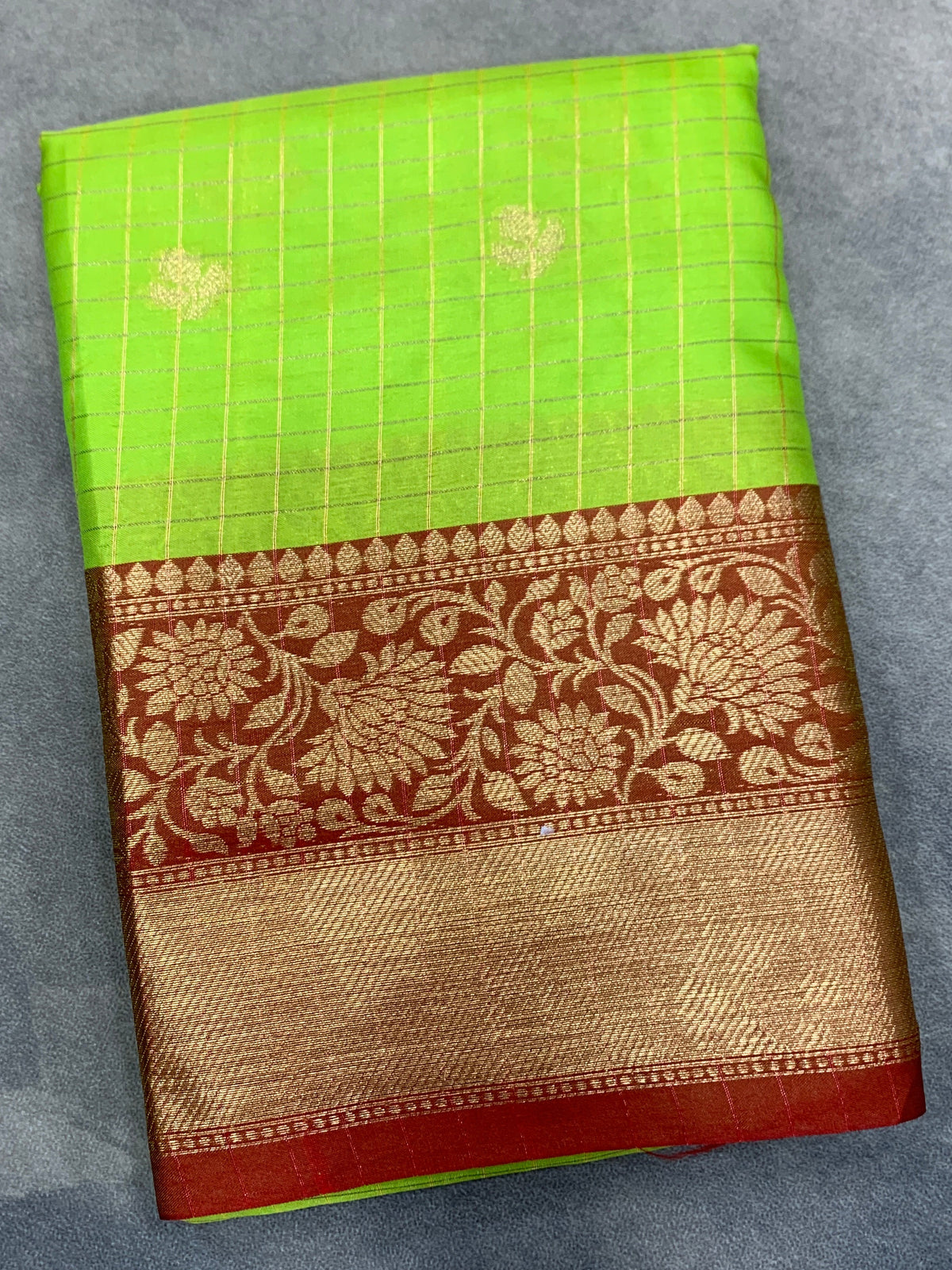 Soft Silk Casual Saree Parrot Green Colour with Maroon and Copper Zari Border