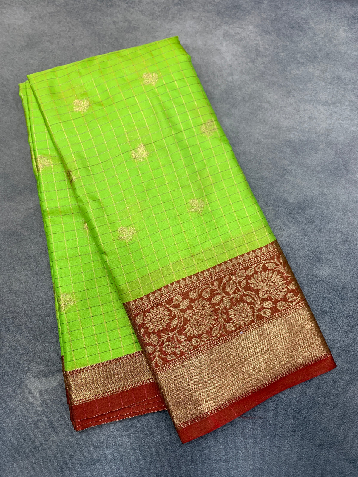 Soft Silk Casual Saree Parrot Green Colour with Maroon and Copper Zari Border