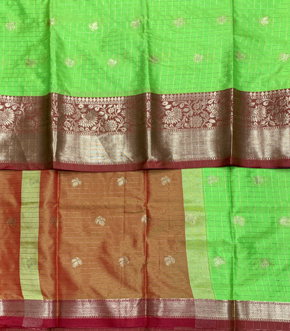 Soft Silk Casual Saree Parrot Green Colour with Maroon and Copper Zari Border