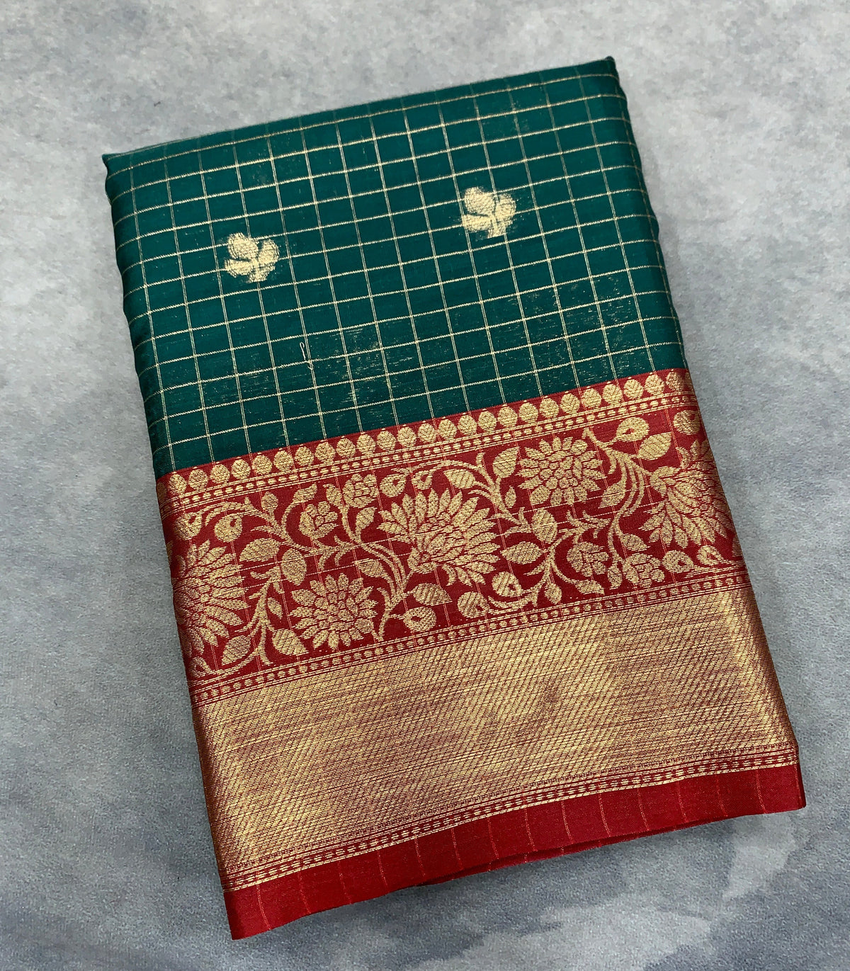 Soft Silk Casual Saree Dark Green Colour with Maroon and Copper Zari Border
