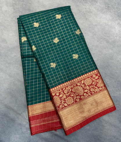 Soft Silk Casual Saree Dark Green Colour with Maroon and Copper Zari Border