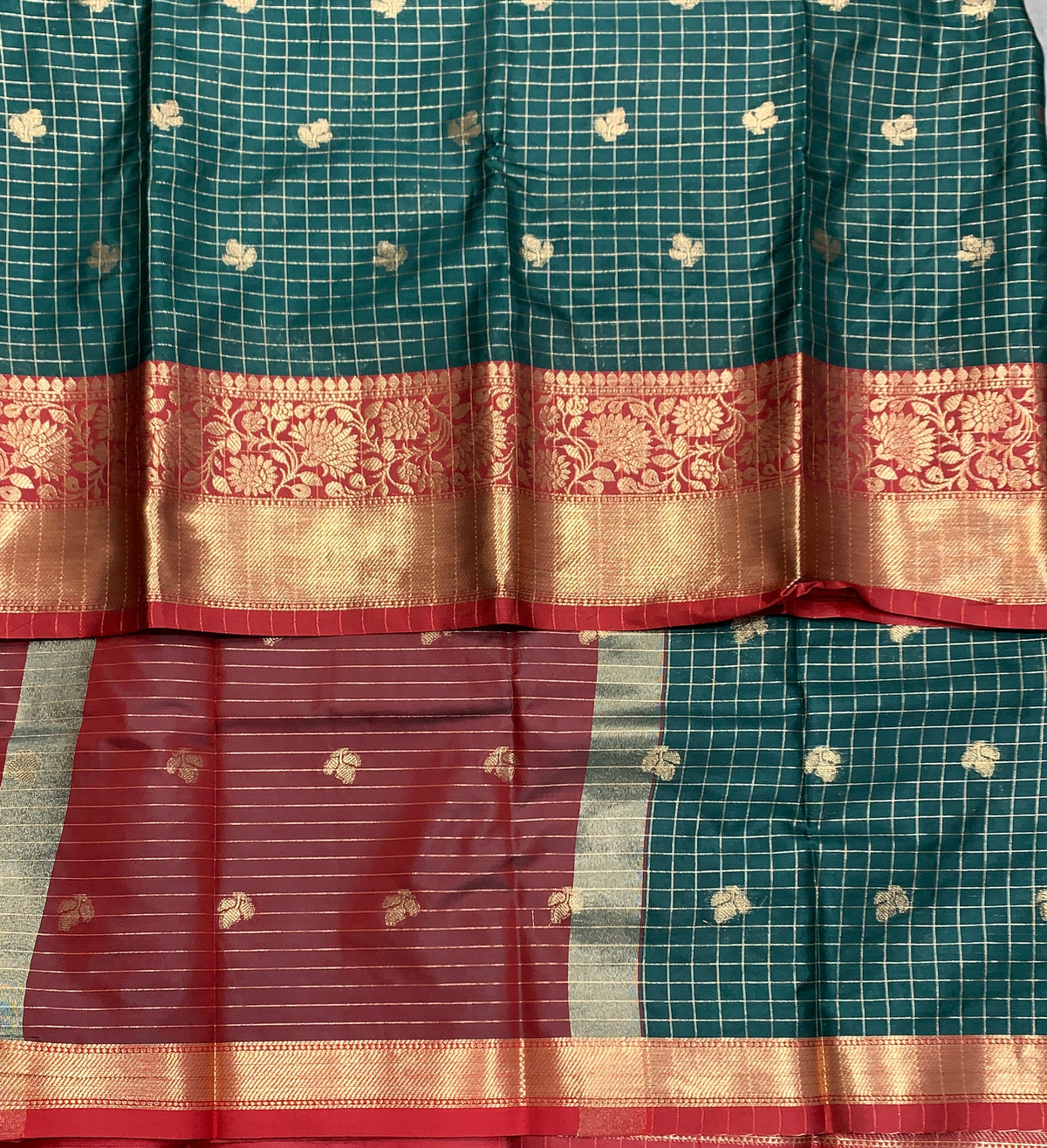 Soft Silk Casual Saree Dark Green Colour with Maroon and Copper Zari Border