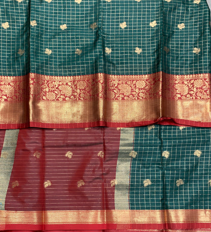 Soft Silk Casual Saree Dark Green Colour with Maroon and Copper Zari Border