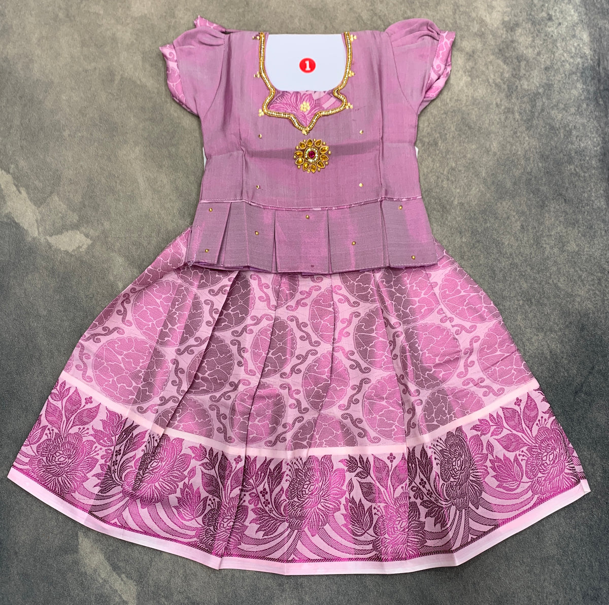 Ready To Wear Off White Colour Pavadai with Contrast Lavender Colour Blouse