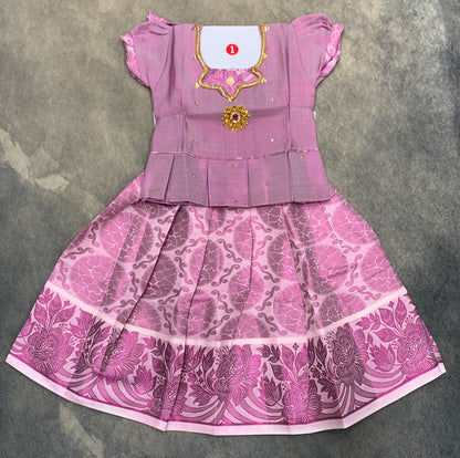Ready To Wear Off White Colour Pavadai with Contrast Lavender Colour Blouse