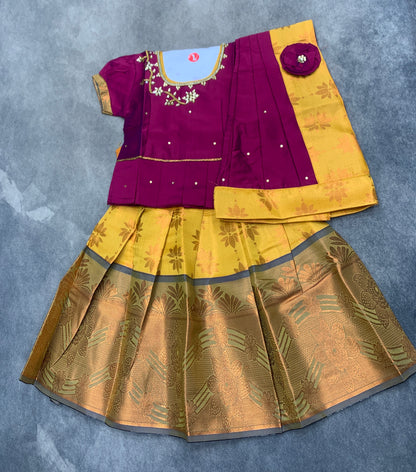 Ready To Wear Pattu Pavadai with Dhavani Mustard Yellow Colour Pavadai with Contrast Magenta Colour Blouse