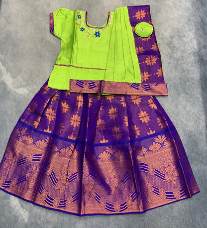 Ready To Wear Pattu Pavadai with Dhavani Violet Colour Pavadai with Contrast Apple Green Colour Blouse